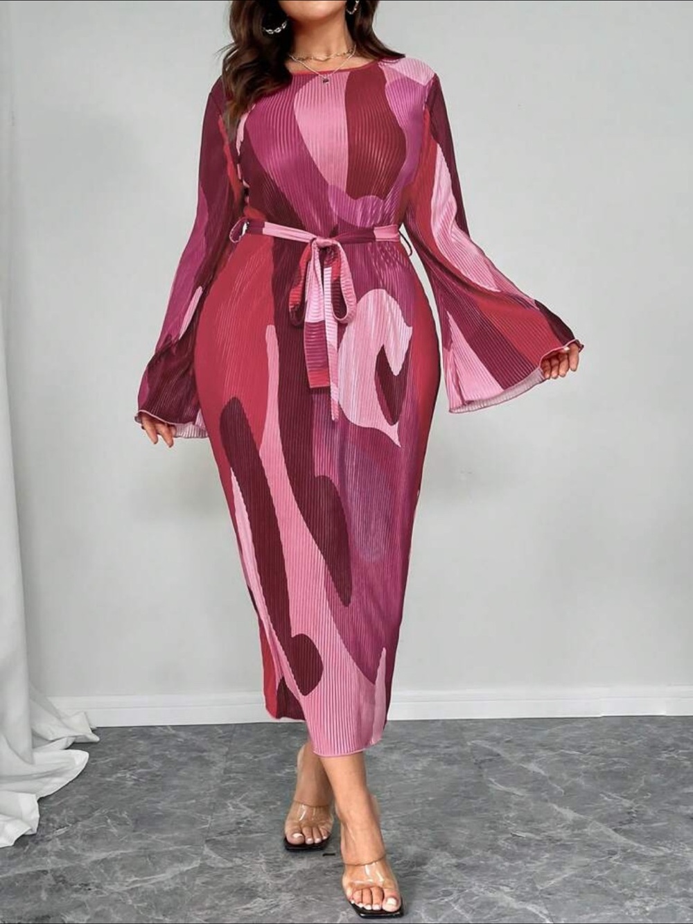 NWOT: Pink & Burgundy Abstract Pleated Midi Dress with Belt